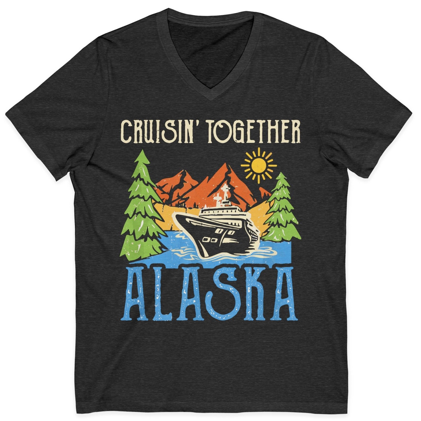 Alaska Cruise Adventure Nature Landscape Retro Family Shirt — V-Neck V-Neck Shirt – Dark Grey Heather – Alaska Cruise Shirts