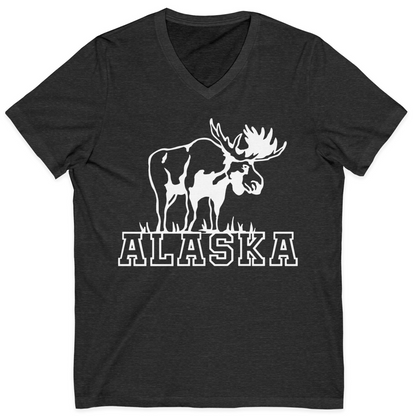 Alaska Moose Silhouette Shirt V-Neck Shirt – Dark Grey Heather – Alaska Cruise Shirts