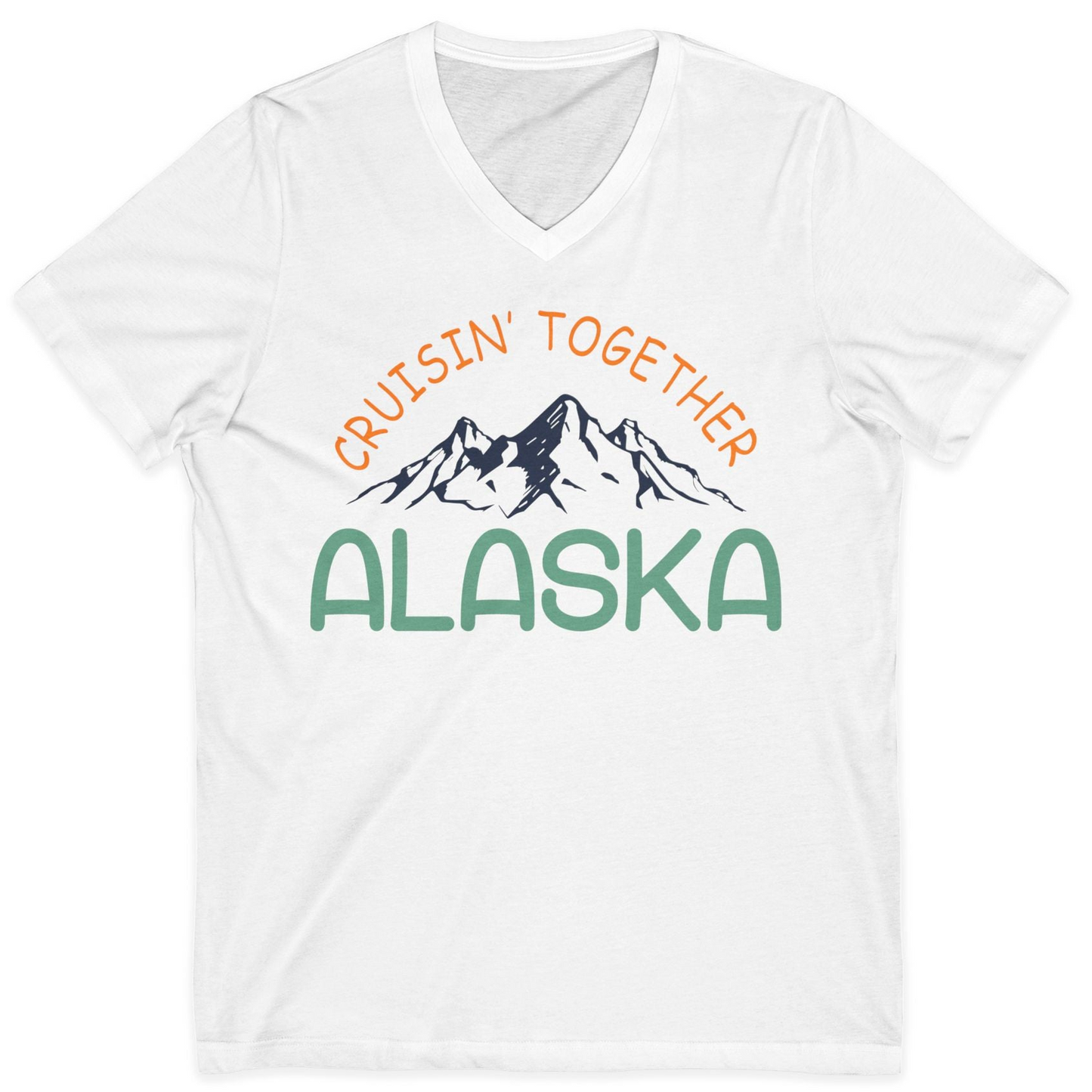 Cruisin Together Alaska Mountain Adventure Cruise Graphic Shirt — V-Neck V-Neck Shirt – White – Alaska Cruise Shirts
