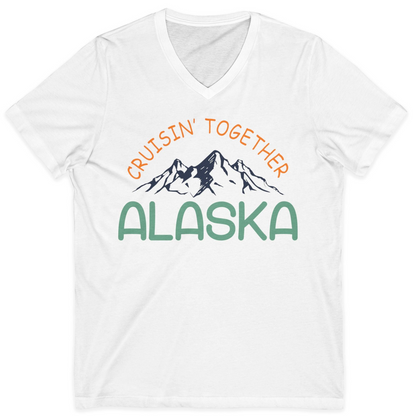 Cruisin Together Alaska Mountain Adventure Cruise Graphic Shirt — V-Neck V-Neck Shirt – White – Alaska Cruise Shirts