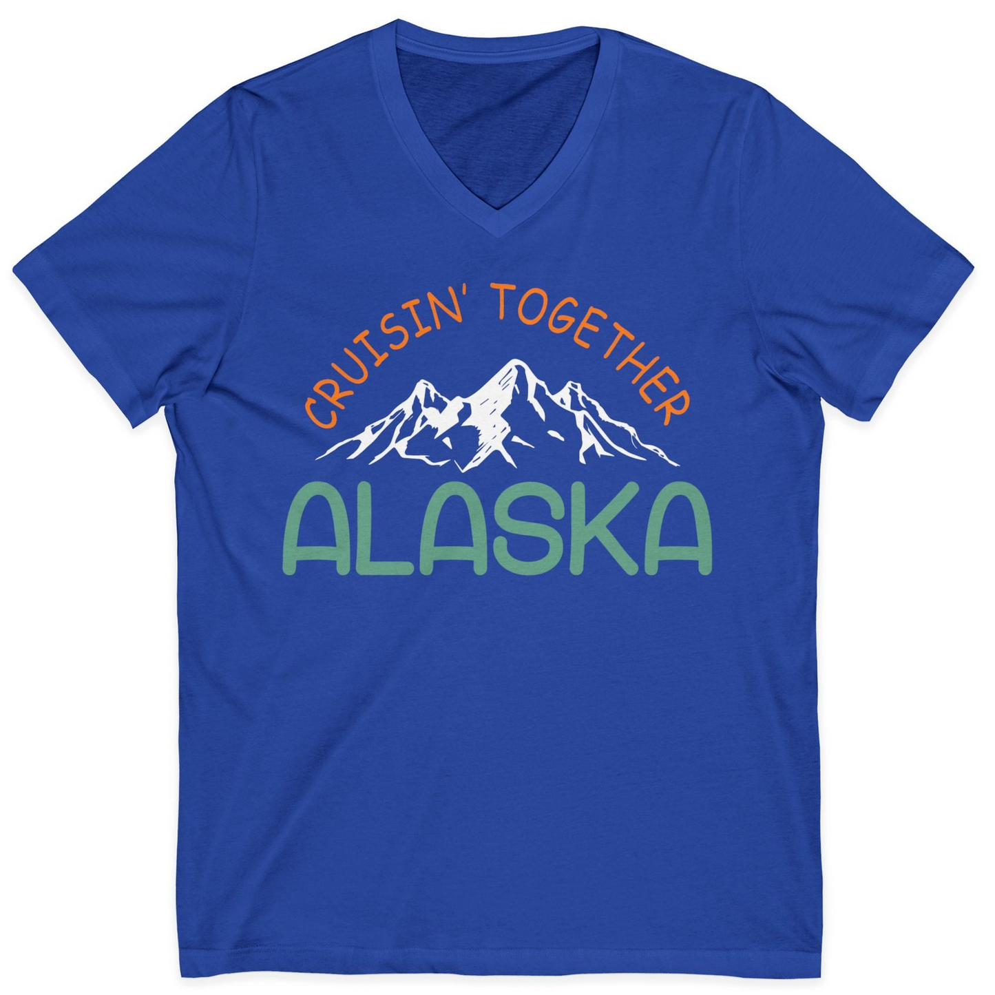 Cruisin Together Alaska Mountain Adventure Cruise Graphic Shirt — V-Neck V-Neck Shirt – True Royal – Alaska Cruise Shirts