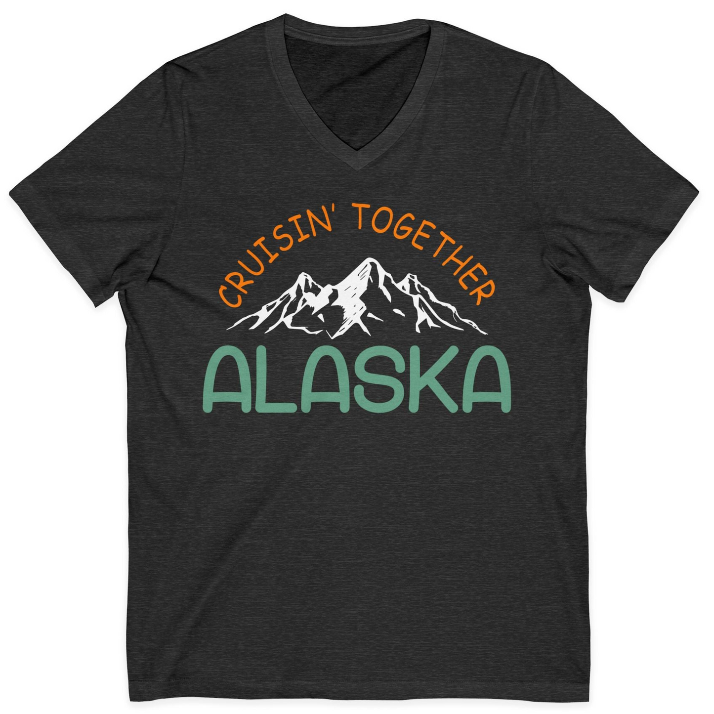 Cruisin Together Alaska Mountain Adventure Cruise Graphic Shirt — V-Neck V-Neck Shirt – Dark Grey Heather – Alaska Cruise Shirts