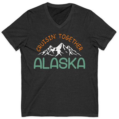 Cruisin Together Alaska Mountain Adventure Cruise Graphic Shirt — V-Neck V-Neck Shirt – Dark Grey Heather – Alaska Cruise Shirts