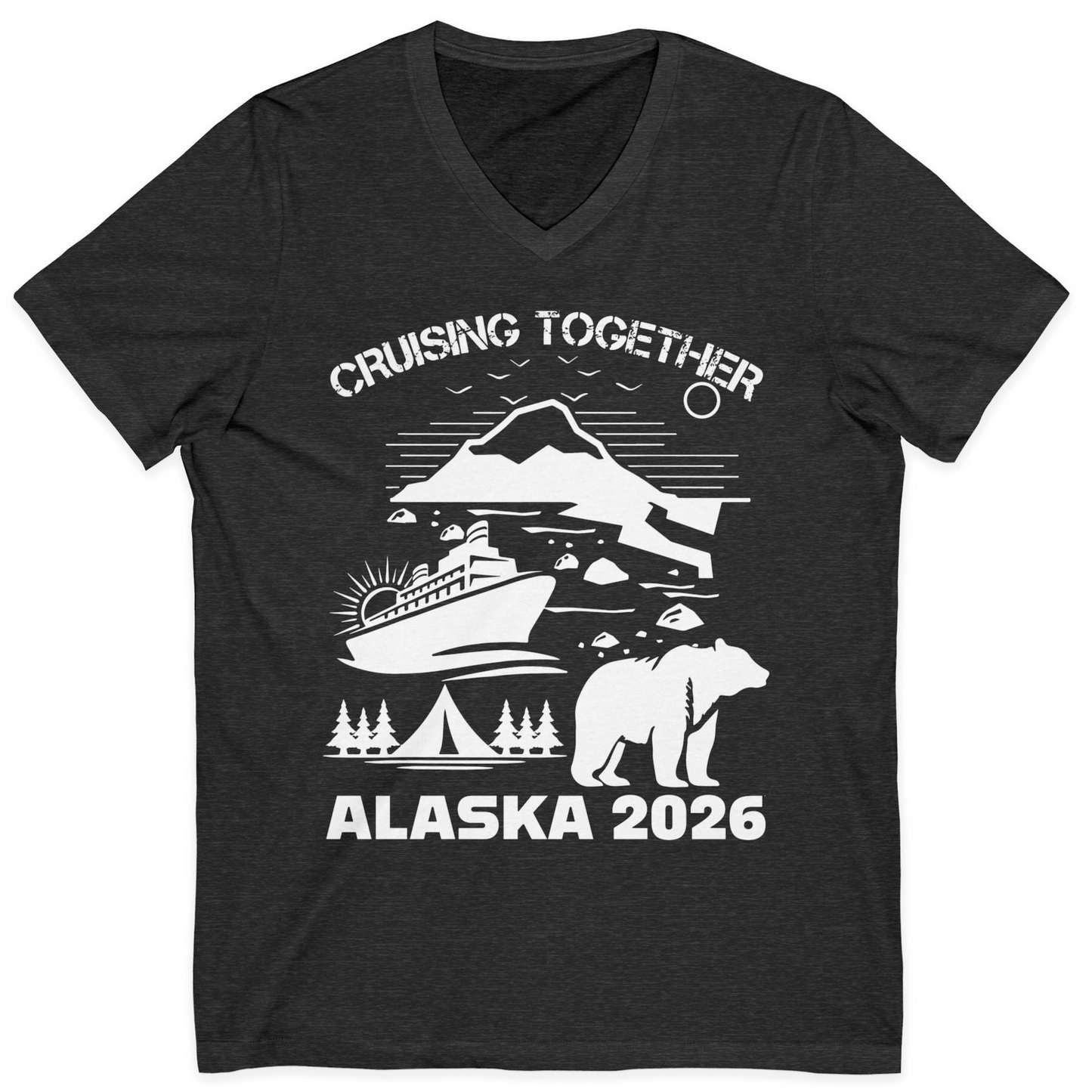 Alaska Cruise 2026 Family Adventure Bear Mountain Nature Shirt — V-Neck V-Neck Shirt – Dark Grey Heather – Alaska Cruise Shirts