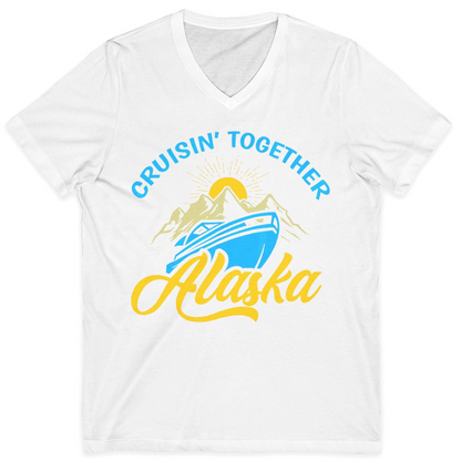 Alaska Cruise Adventure Mountains Sunrise Retro Shirt for Travelers — V-Neck V-Neck Shirt – White – Alaska Cruise Shirts