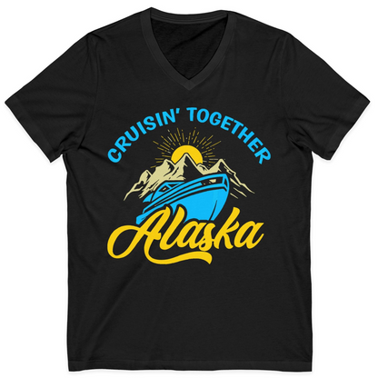 Alaska Cruise Adventure Mountains Sunrise Retro Shirt for Travelers — V-Neck V-Neck Shirt – Black – Alaska Cruise Shirts