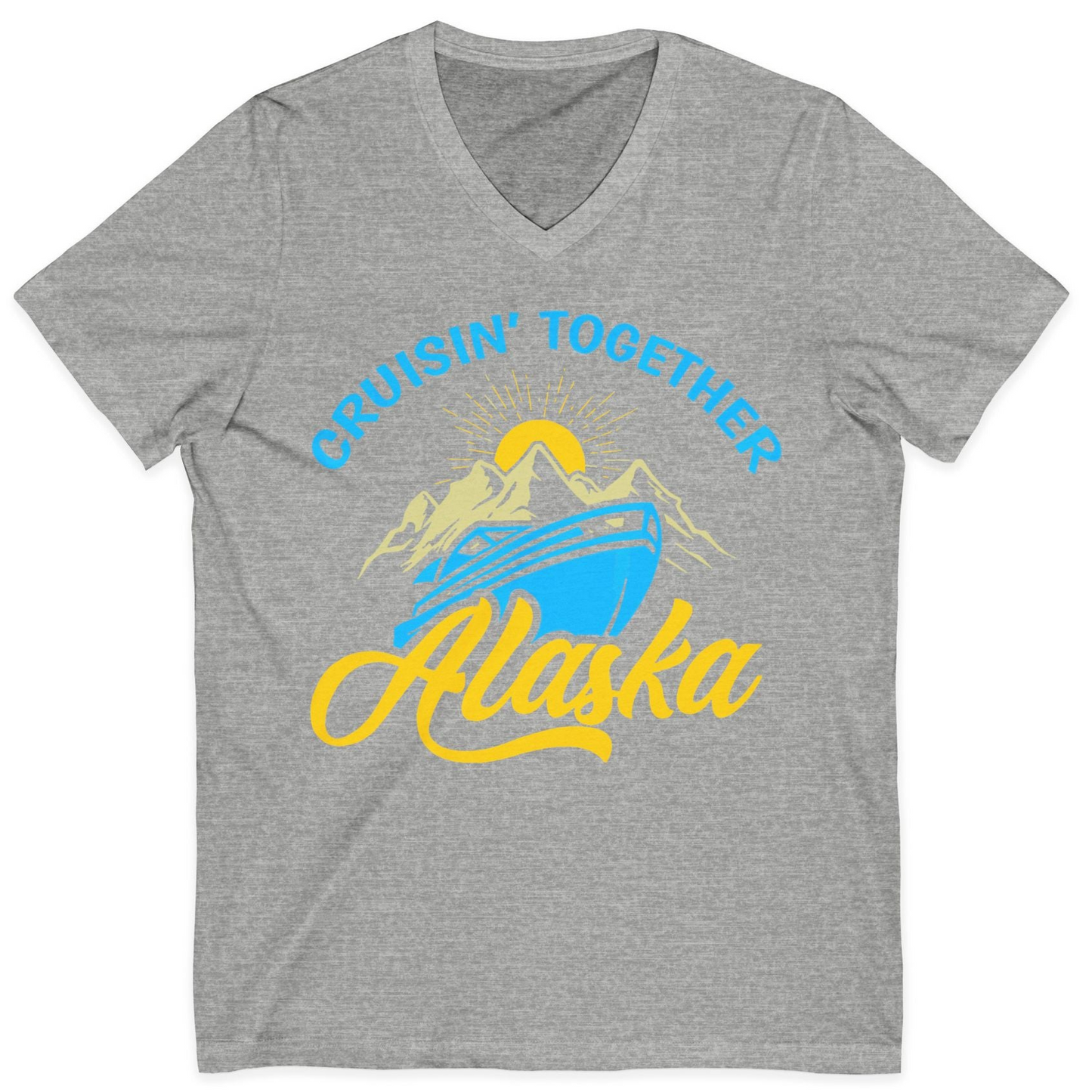 Alaska Cruise Adventure Mountains Sunrise Retro Shirt for Travelers — V-Neck V-Neck Shirt – Athletic Heather – Alaska Cruise Shirts