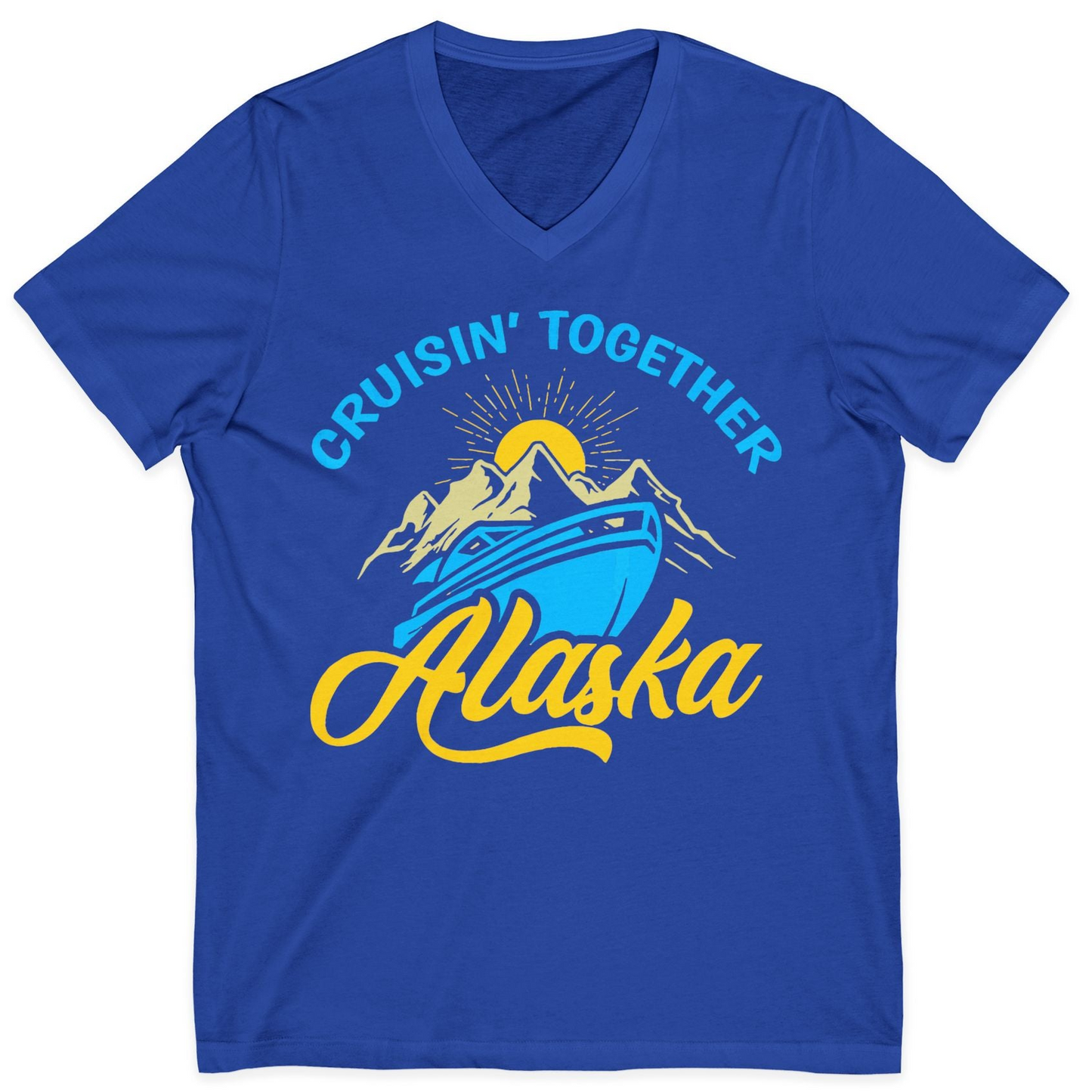 Alaska Cruise Adventure Mountains Sunrise Retro Shirt for Travelers — V-Neck V-Neck Shirt – True Royal – Alaska Cruise Shirts