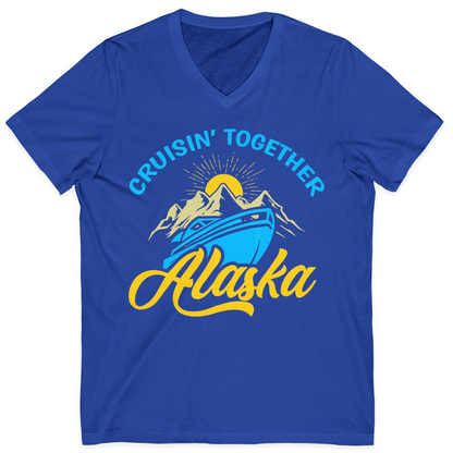 Alaska Cruise Adventure Mountains Sunrise Retro Shirt for Travelers — V-Neck V-Neck Shirt – True Royal – Alaska Cruise Shirts