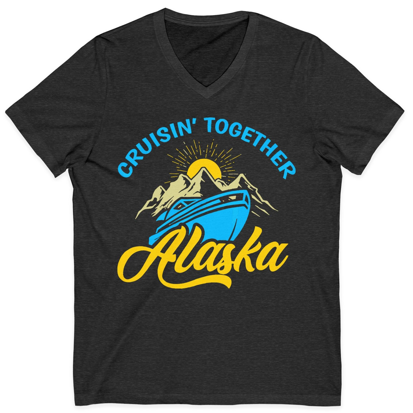 Alaska Cruise Adventure Mountains Sunrise Retro Shirt for Travelers — V-Neck V-Neck Shirt – Dark Grey Heather – Alaska Cruise Shirts