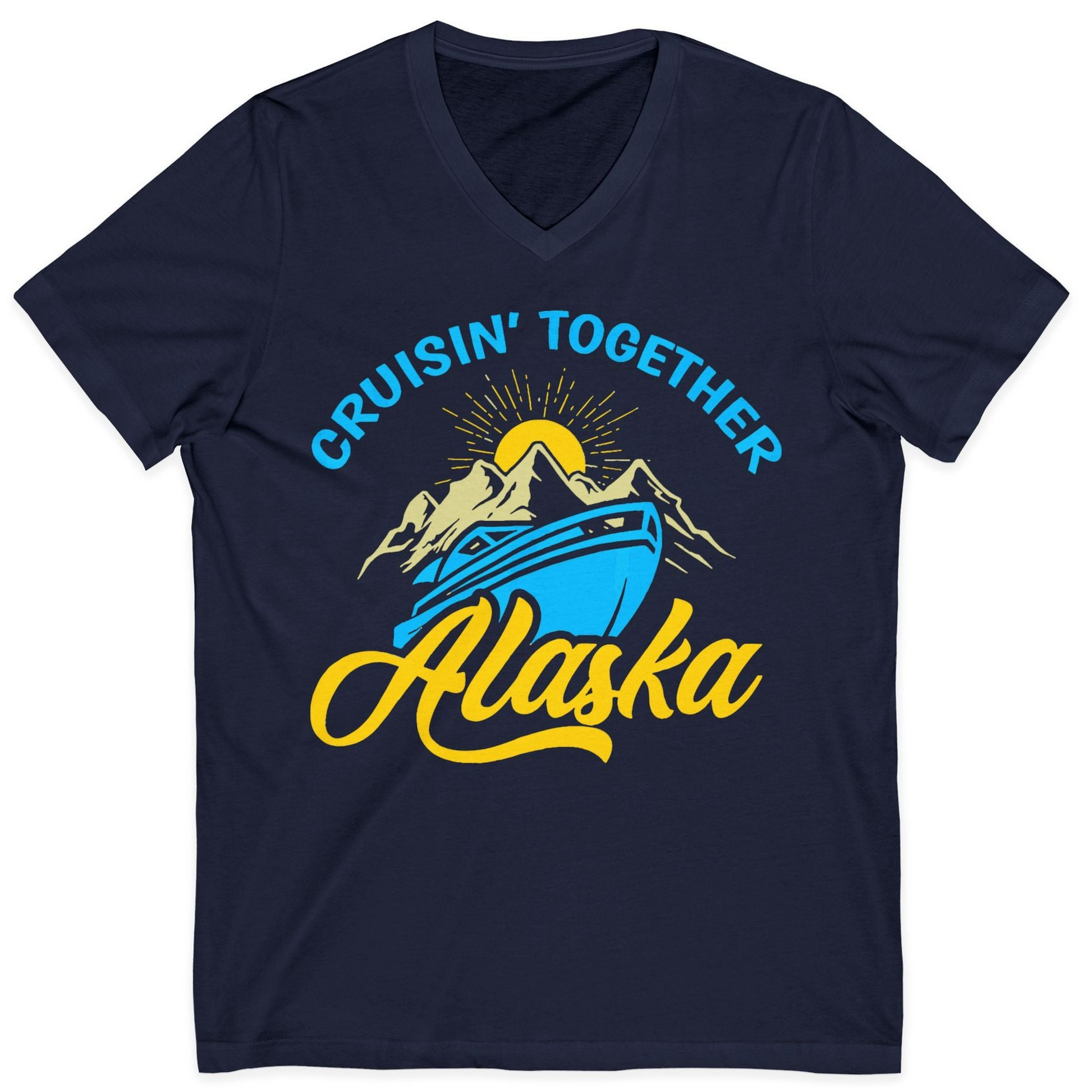 Alaska Cruise Adventure Mountains Sunrise Retro Shirt for Travelers — V-Neck V-Neck Shirt – Navy – Alaska Cruise Shirts