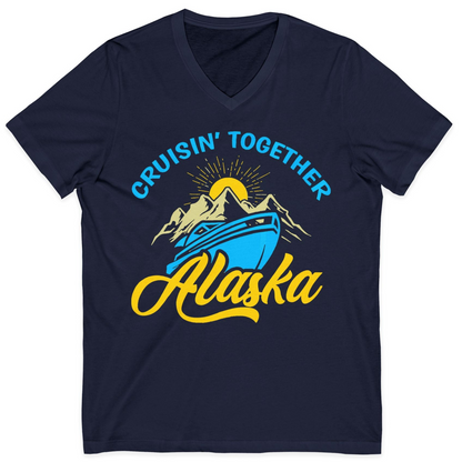 Alaska Cruise Adventure Mountains Sunrise Retro Shirt for Travelers — V-Neck V-Neck Shirt – Navy – Alaska Cruise Shirts