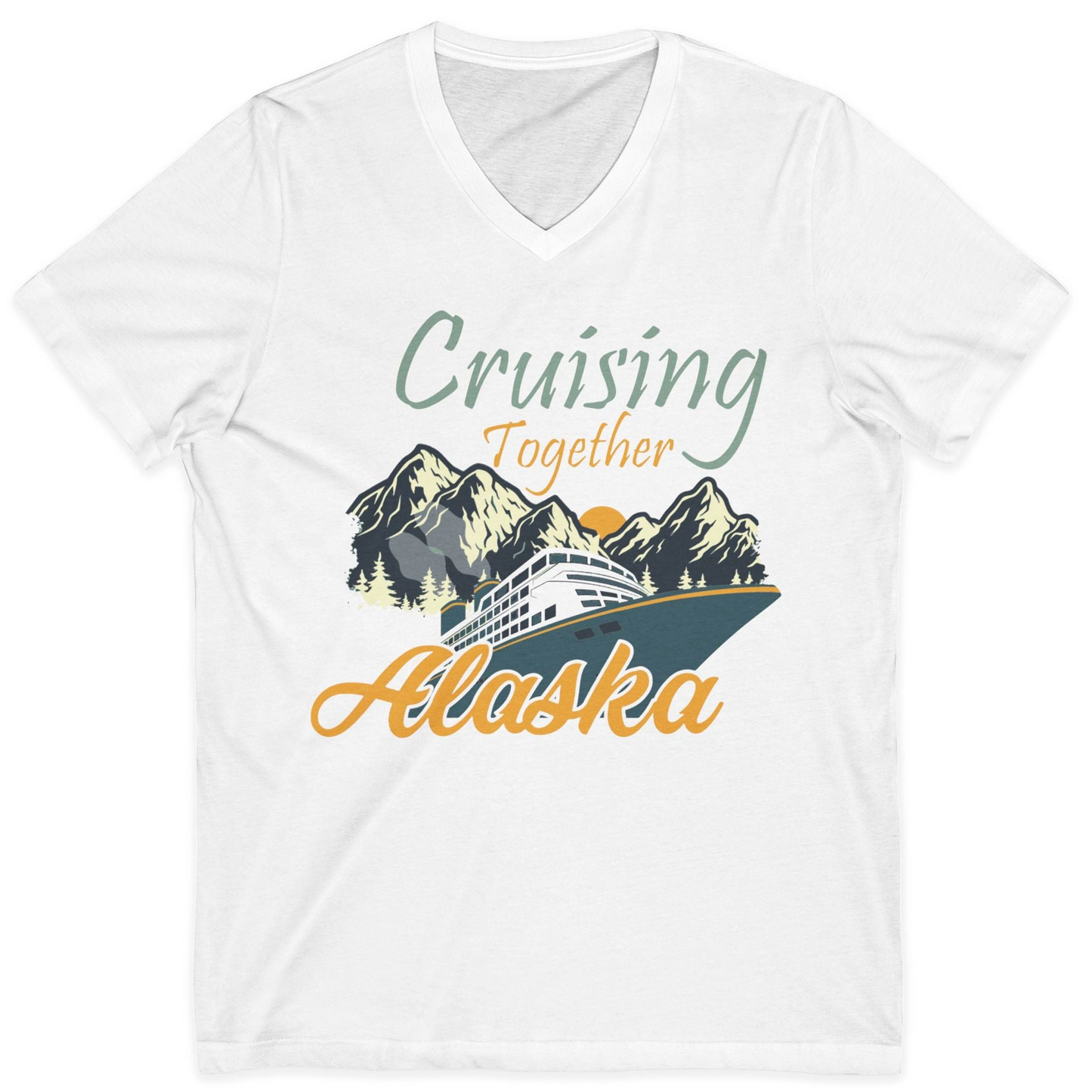 Cruising Together Alaska Mountains Family Alaska Cruise Adventure Shirt — V-Neck V-Neck Shirt – White – Alaska Cruise Shirts
