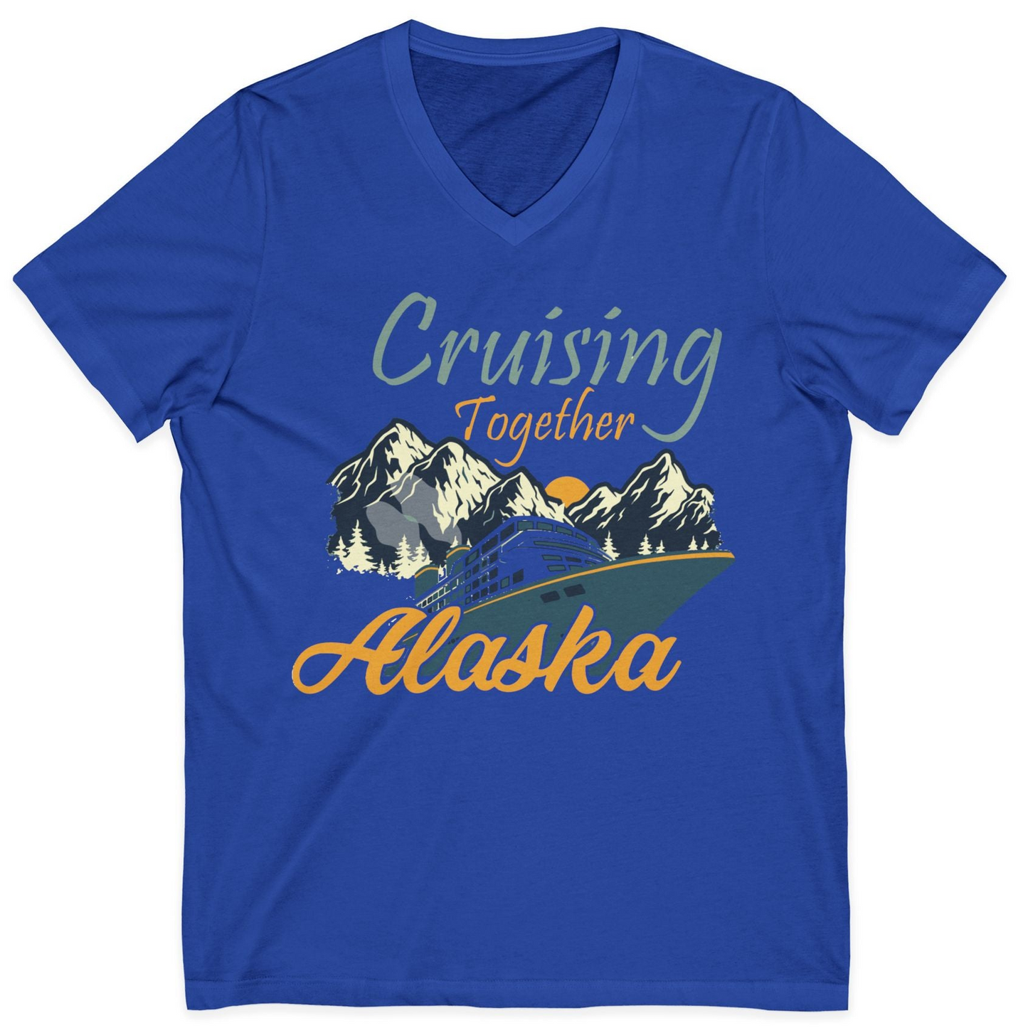 Cruising Together Alaska Mountains Family Alaska Cruise Adventure Shirt — V-Neck V-Neck Shirt – True Royal – Alaska Cruise Shirts