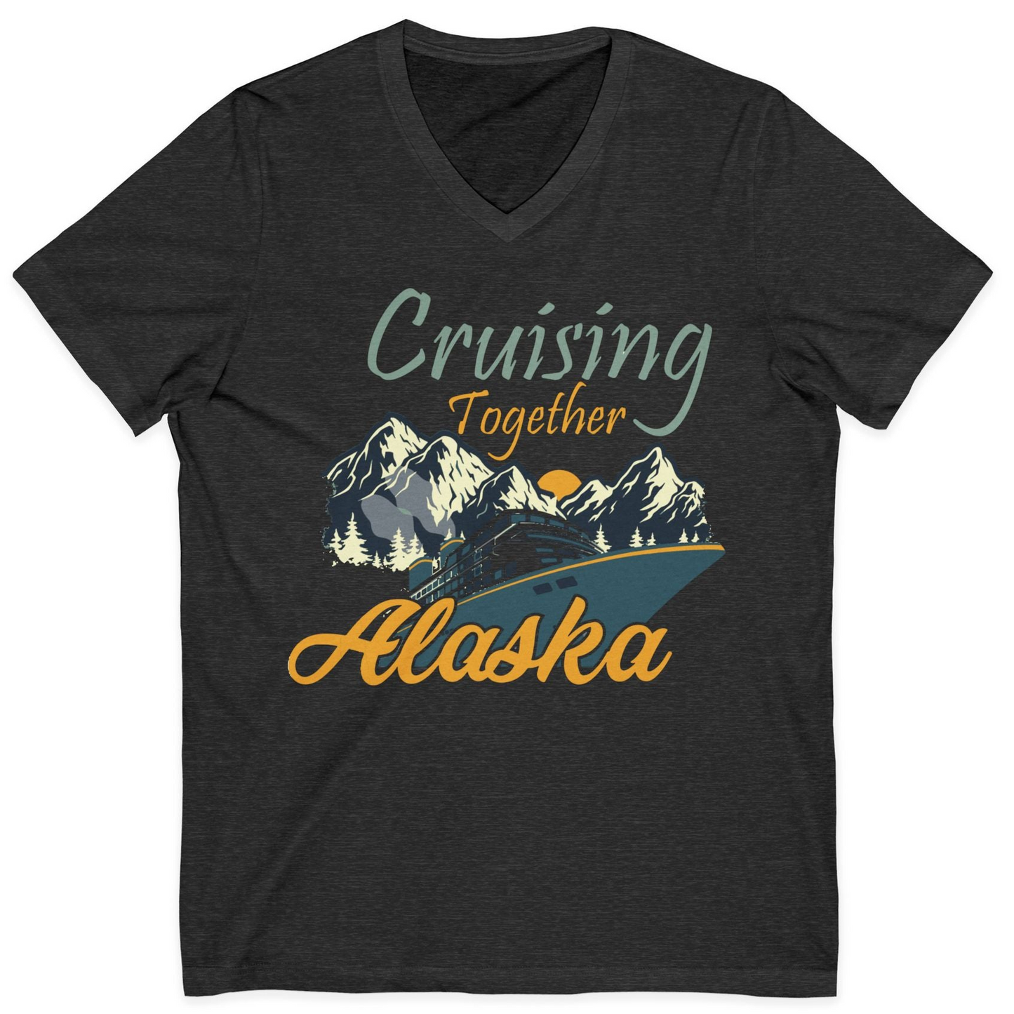 Cruising Together Alaska Mountains Family Alaska Cruise Adventure Shirt — V-Neck V-Neck Shirt – Dark Grey Heather – Alaska Cruise Shirts