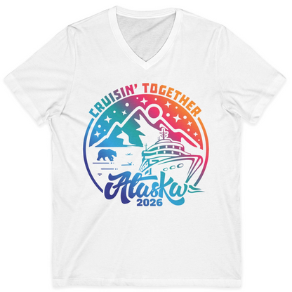 Alaska Cruise Adventure Mountains Wildlife Retro Family Group Shirt 2026 — V-Neck V-Neck Shirt – White – Alaska Cruise Shirts