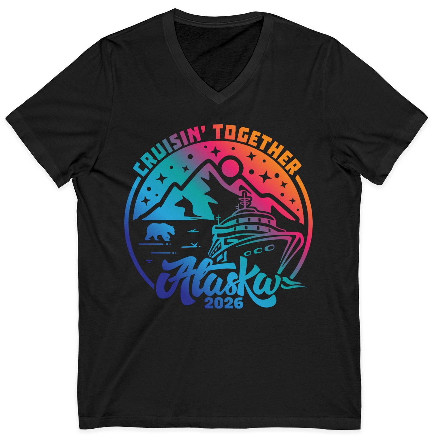 Alaska Cruise Adventure Mountains Wildlife Retro Family Group Shirt 2026 — V-Neck V-Neck Shirt – Black – Alaska Cruise Shirts