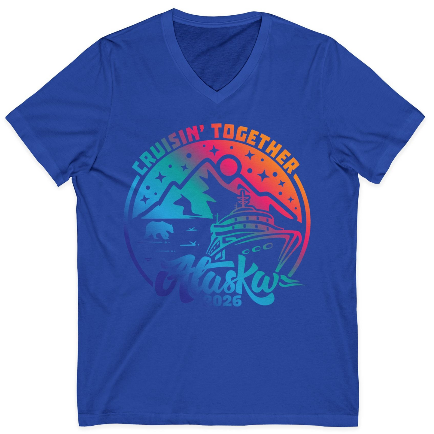 Alaska Cruise Adventure Mountains Wildlife Retro Family Group Shirt 2026 — V-Neck V-Neck Shirt – True Royal – Alaska Cruise Shirts