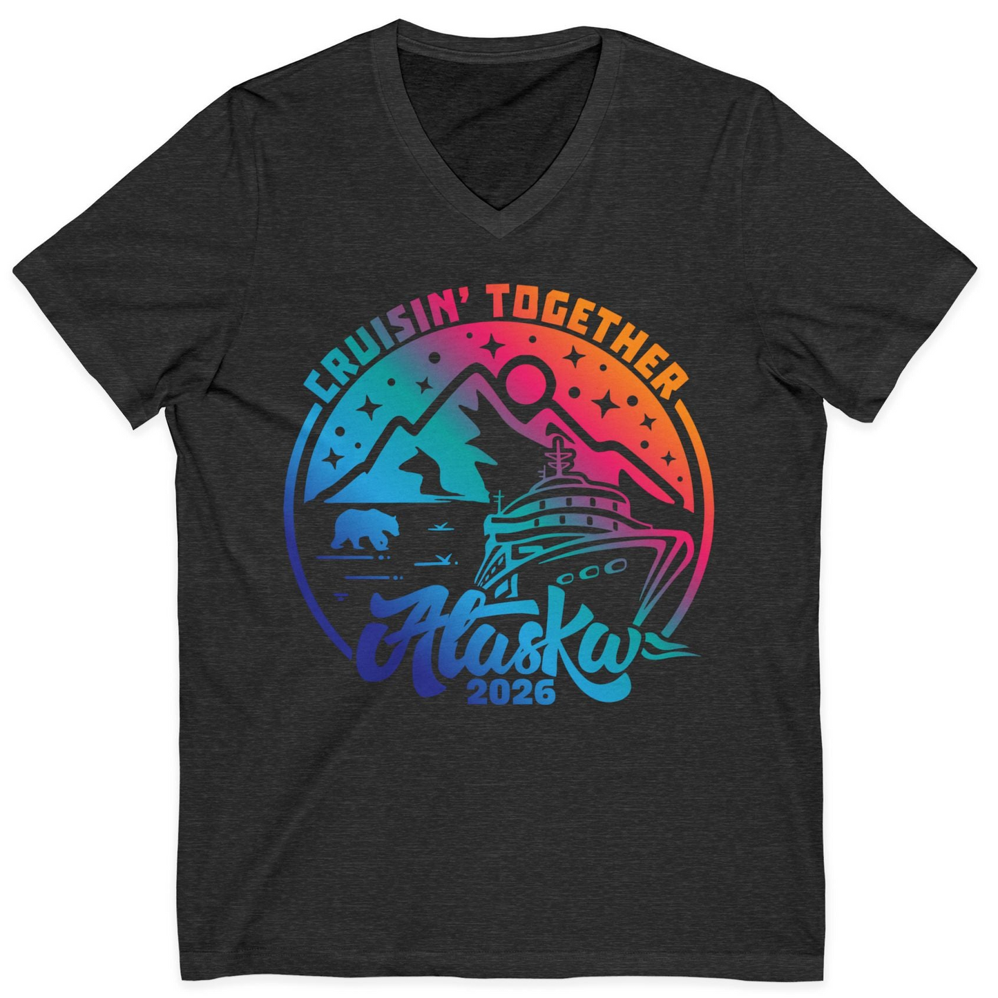 Alaska Cruise Adventure Mountains Wildlife Retro Family Group Shirt 2026 — V-Neck V-Neck Shirt – Dark Grey Heather – Alaska Cruise Shirts