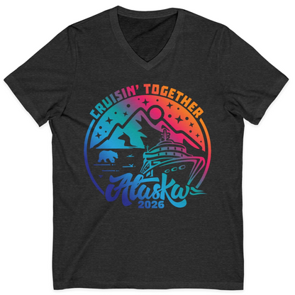 Alaska Cruise Adventure Mountains Wildlife Retro Family Group Shirt 2026 — V-Neck V-Neck Shirt – Dark Grey Heather – Alaska Cruise Shirts