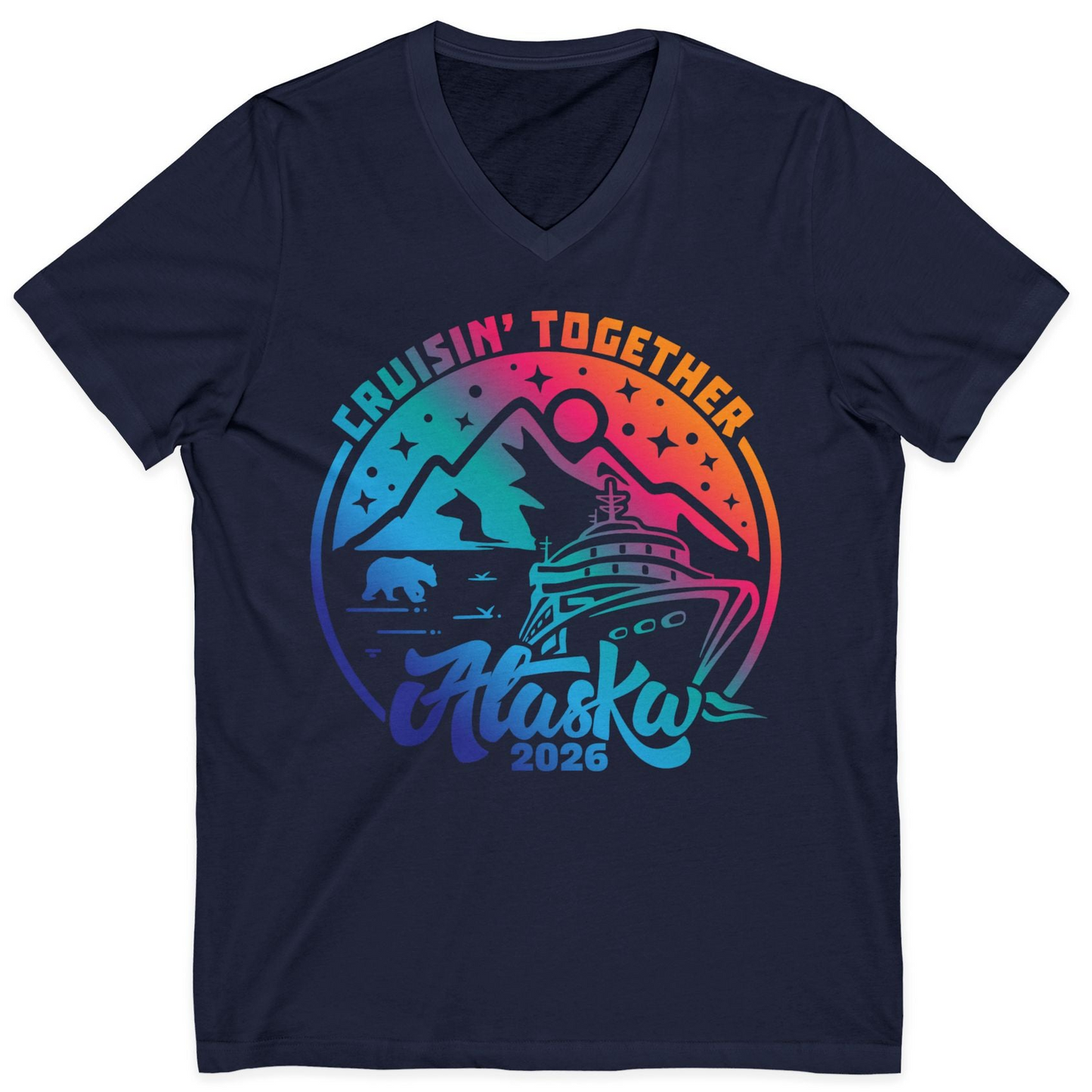 Alaska Cruise Adventure Mountains Wildlife Retro Family Group Shirt 2026 — V-Neck V-Neck Shirt – Navy – Alaska Cruise Shirts