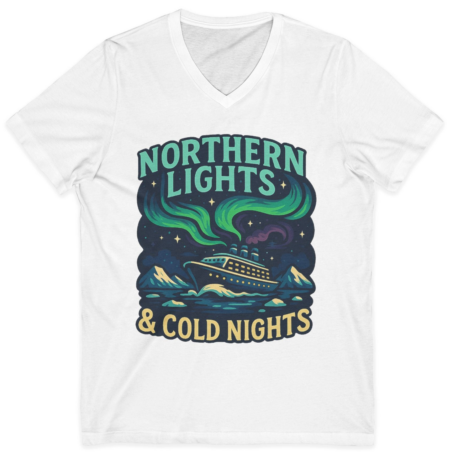 Northern Lights Alaska Cruise Ship Night Adventure Travel Shirt — V-Neck V-Neck Shirt – White – Alaska Cruise Shirts