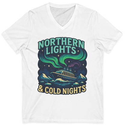 Northern Lights Alaska Cruise Ship Night Adventure Travel Shirt — V-Neck V-Neck Shirt – White – Alaska Cruise Shirts
