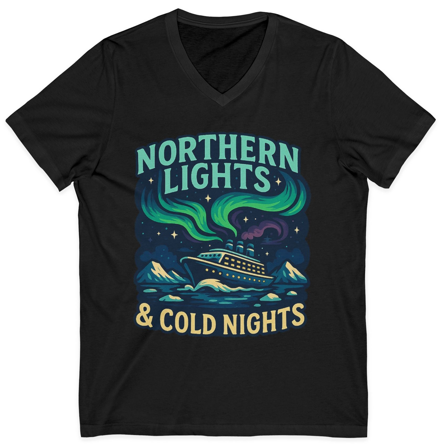 Northern Lights Alaska Cruise Ship Night Adventure Travel Shirt — V-Neck V-Neck Shirt – Black – Alaska Cruise Shirts