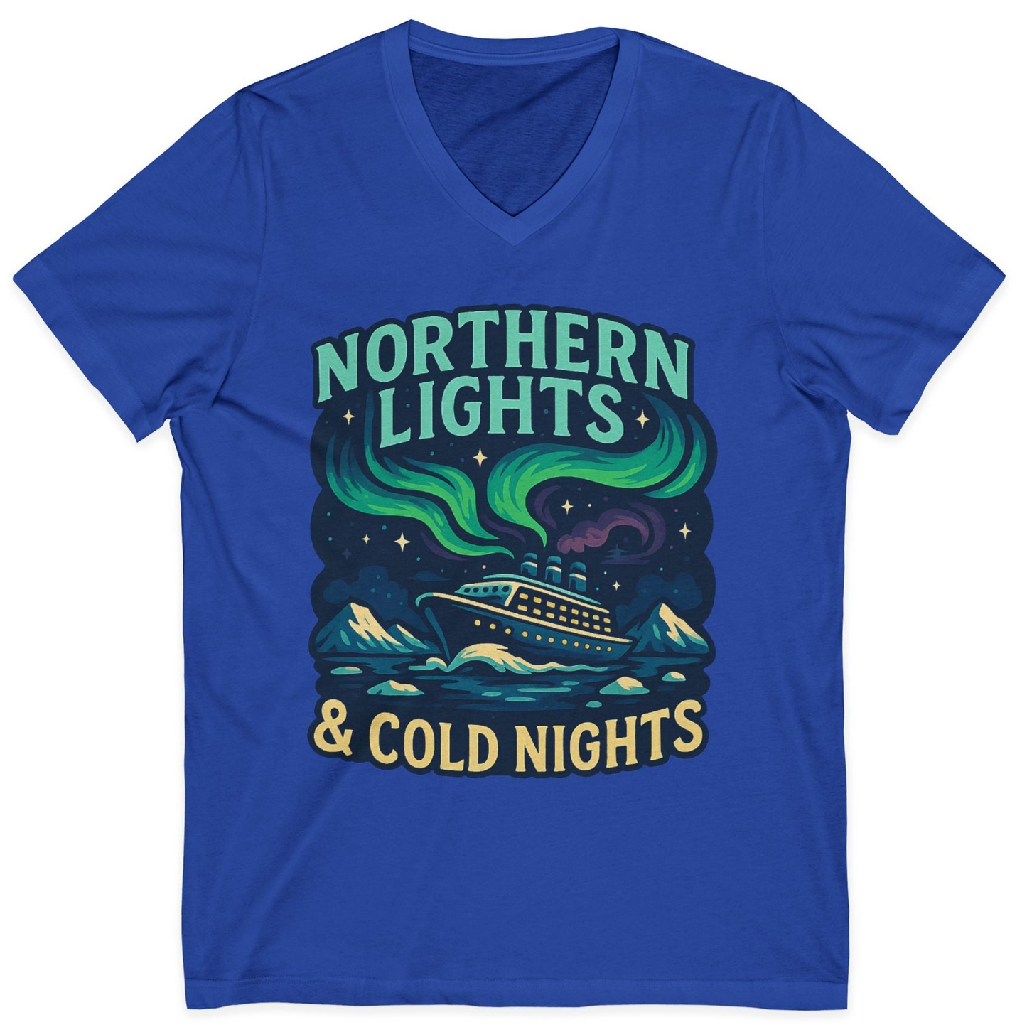 Northern Lights Alaska Cruise Ship Night Adventure Travel Shirt — V-Neck V-Neck Shirt – True Royal – Alaska Cruise Shirts