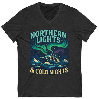Northern Lights Alaska Cruise Ship Night Adventure Travel Shirt — V-Neck V-Neck Shirt – Dark Grey Heather – Alaska Cruise Shirts