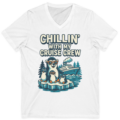 Chillin With My Cruise Crew Cute Penguins Alaska Cartoon Shirt — V-Neck V-Neck Shirt – White – Alaska Cruise Shirts
