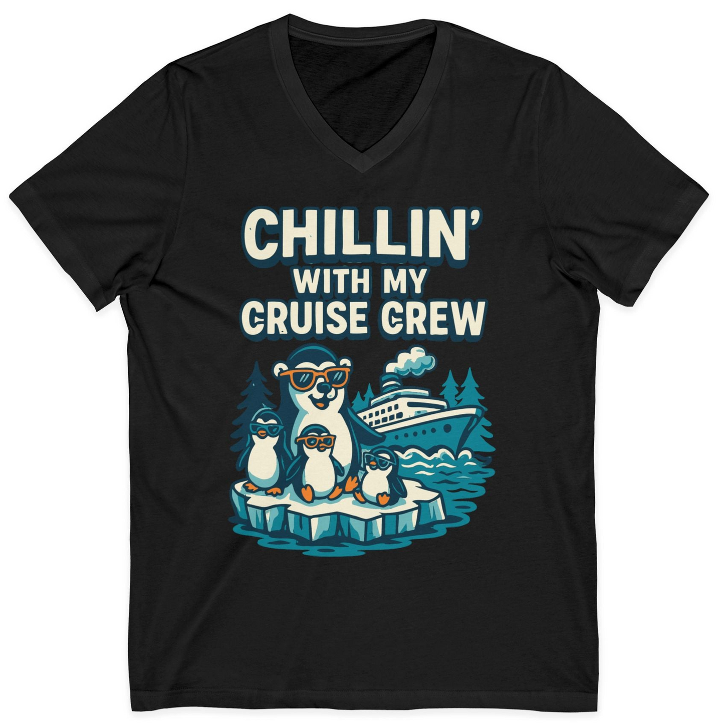 Chillin With My Cruise Crew Cute Penguins Alaska Cartoon Shirt — V-Neck V-Neck Shirt – Black – Alaska Cruise Shirts