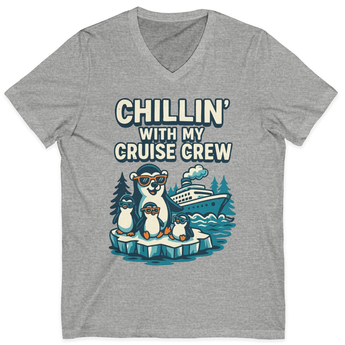 Chillin With My Cruise Crew Cute Penguins Alaska Cartoon Shirt — V-Neck V-Neck Shirt – Athletic Heather – Alaska Cruise Shirts