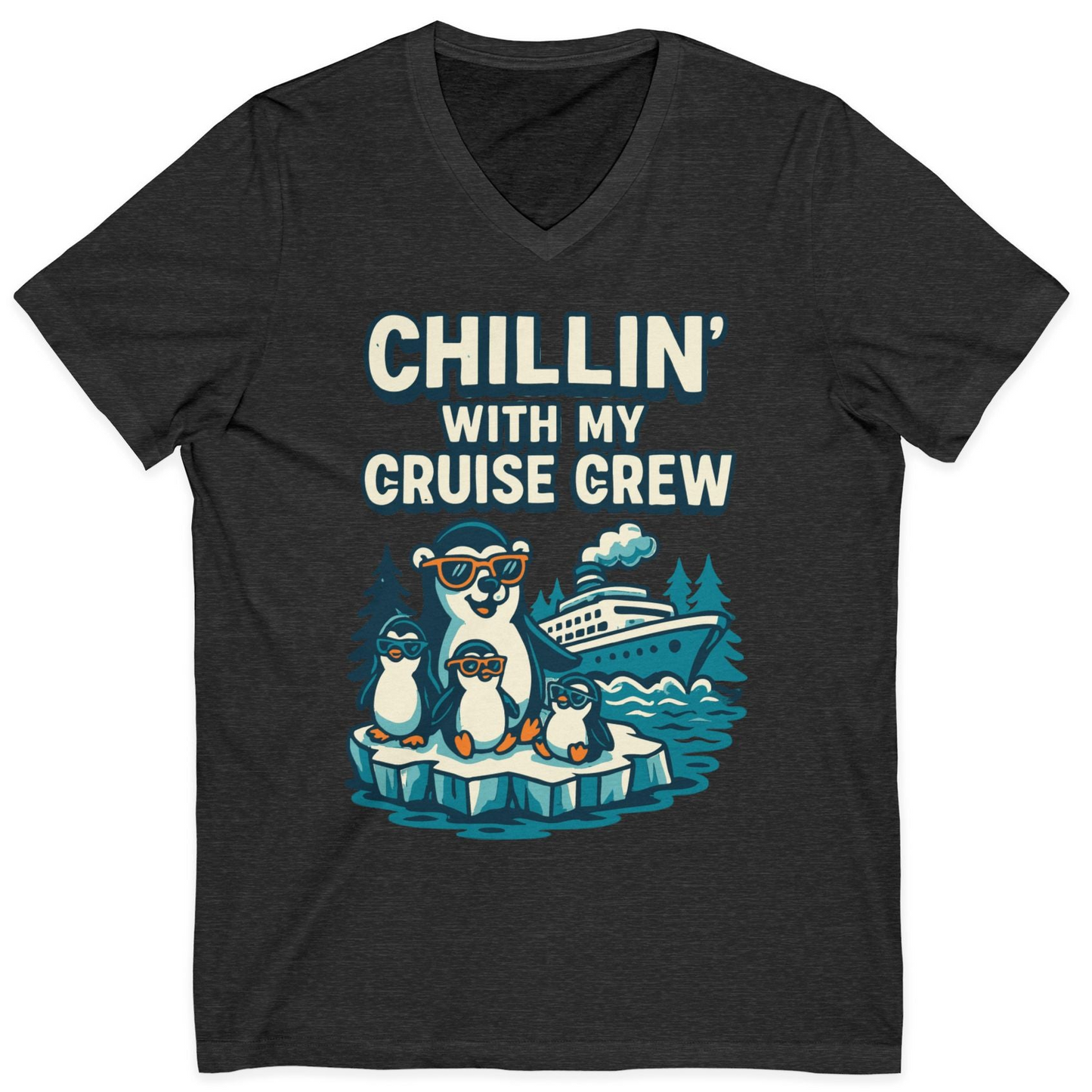 Chillin With My Cruise Crew Cute Penguins Alaska Cartoon Shirt — V-Neck V-Neck Shirt – Dark Grey Heather – Alaska Cruise Shirts