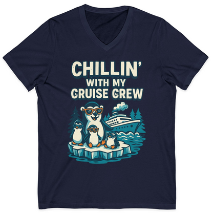 Chillin With My Cruise Crew Cute Penguins Alaska Cartoon Shirt — V-Neck V-Neck Shirt – Navy – Alaska Cruise Shirts