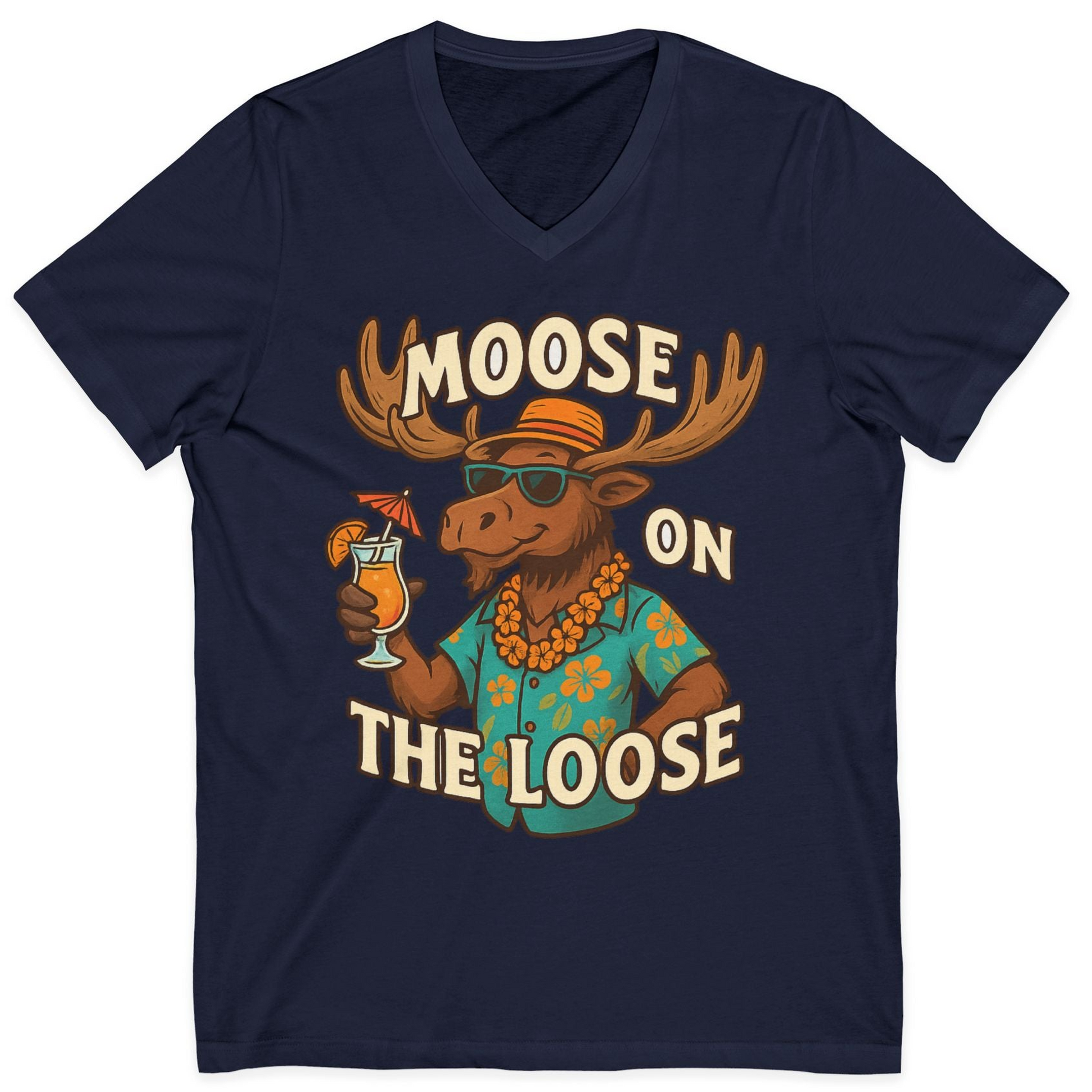 Moose On The Loose Funny Tropical Cartoon Vacation Shirt — V-Neck V-Neck Shirt – Navy – Alaska Cruise Shirts