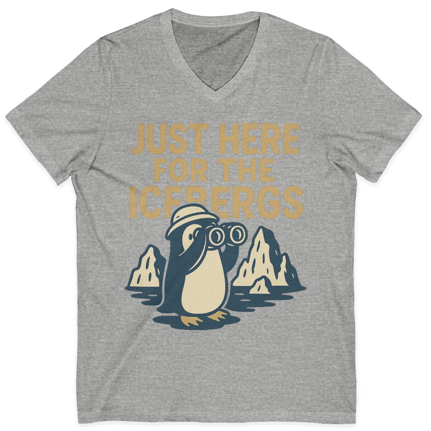 Just Here For The Icebergs Penguin Shirt V-Neck Shirt – Athletic Heather – Alaska Cruise Shirts