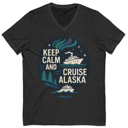 Keep Calm Cruise Alaska Shirt V-Neck Shirt – Dark Grey Heather – Alaska Cruise Shirts