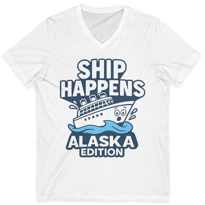 Ship Happens Alaska Cruise Shirt V-Neck Shirt – White – Alaska Cruise Shirts
