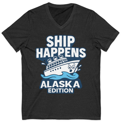 Ship Happens Alaska Cruise Shirt V-Neck Shirt – Dark Grey Heather – Alaska Cruise Shirts