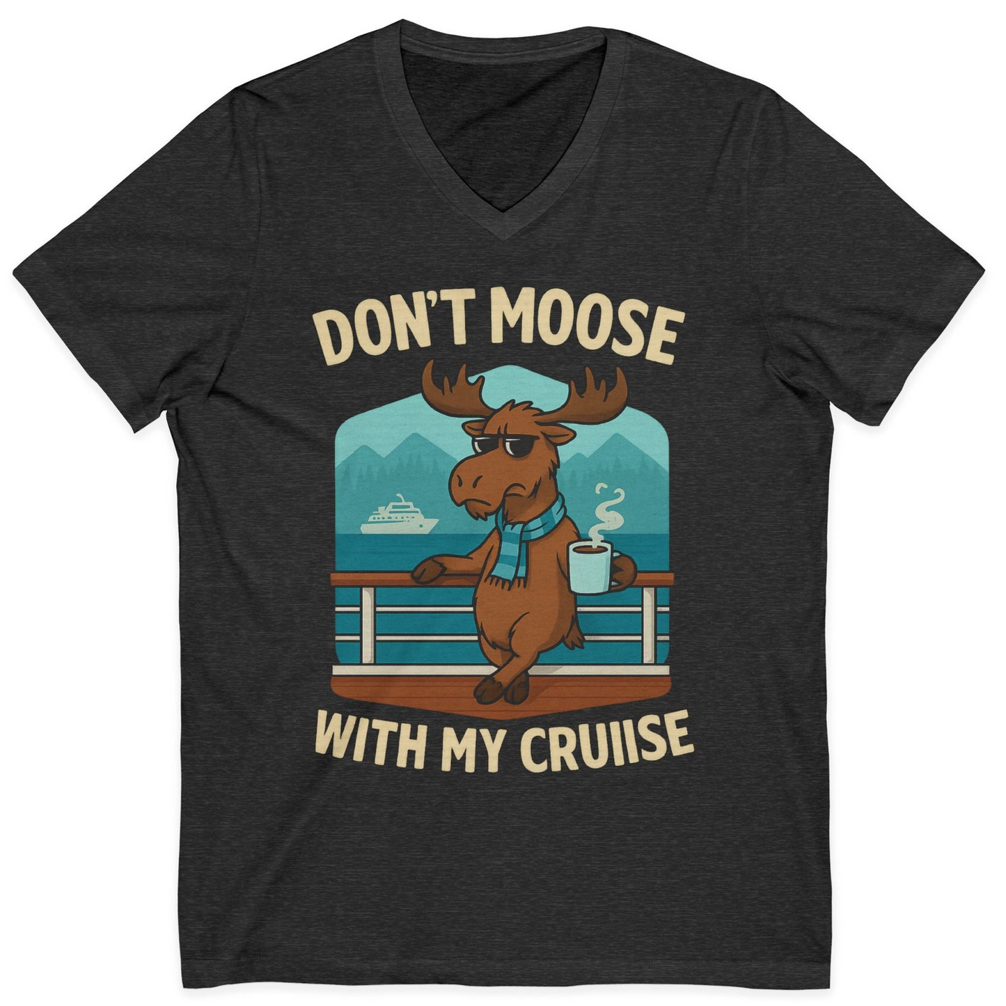 Funny Moose on Alaska Cruise Ship Shirt V-Neck Shirt – Dark Grey Heather – Alaska Cruise Shirts