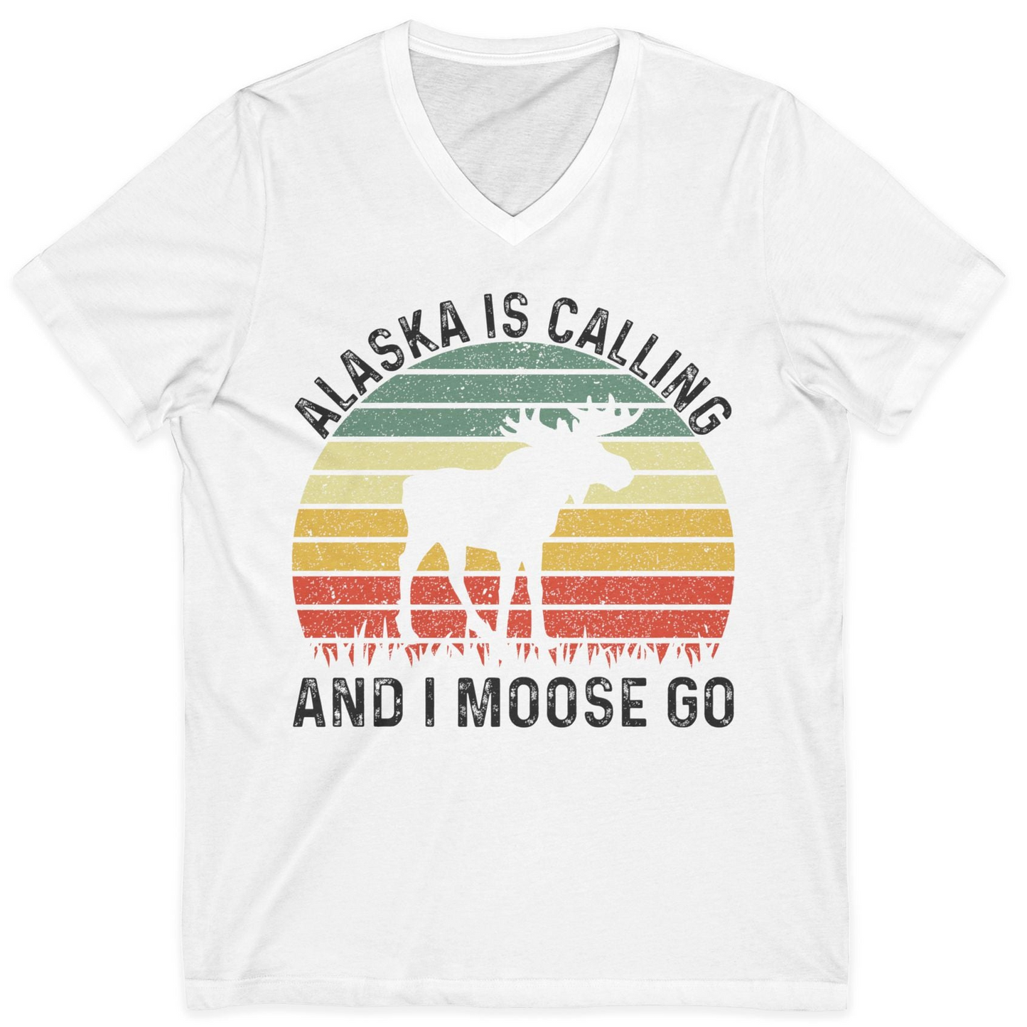 Alaska Is Calling And I Moose Go Retro Sunset Moose Graphic Shirt — V-Neck V-Neck Shirt – White – Alaska Cruise Shirts