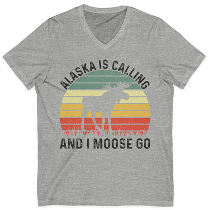 Alaska Is Calling And I Moose Go Retro Sunset Moose Graphic Shirt — V-Neck V-Neck Shirt – Athletic Heather – Alaska Cruise Shirts
