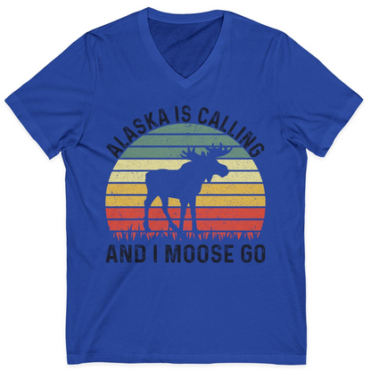 Alaska Is Calling And I Moose Go Retro Sunset Moose Graphic Shirt — V-Neck V-Neck Shirt – True Royal – Alaska Cruise Shirts