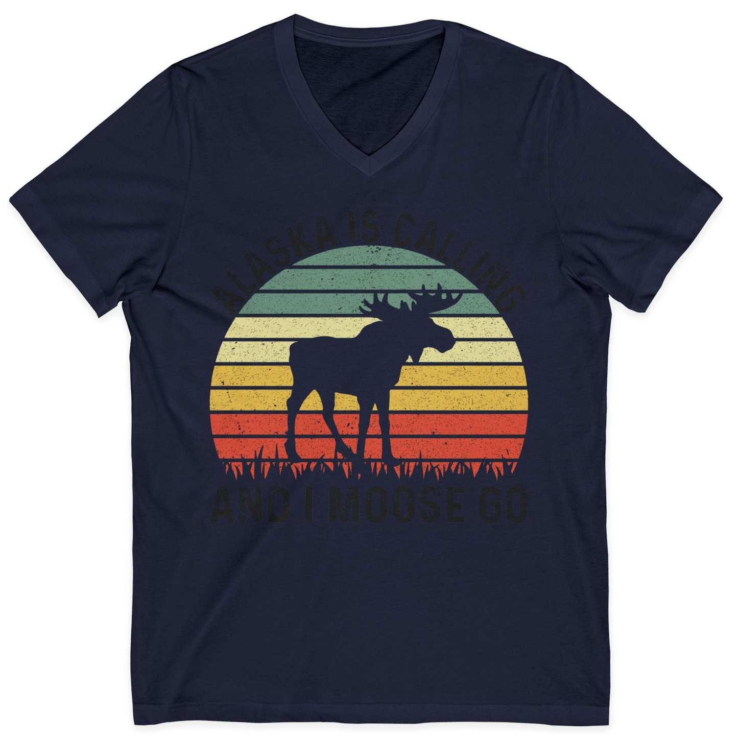 Alaska Is Calling And I Moose Go Retro Sunset Moose Graphic Shirt — V-Neck V-Neck Shirt – Navy – Alaska Cruise Shirts