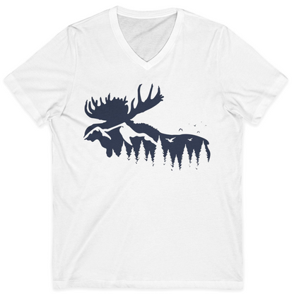 Moose Silhouette Forest Scene Shirt V-Neck Shirt – White – Alaska Cruise Shirts