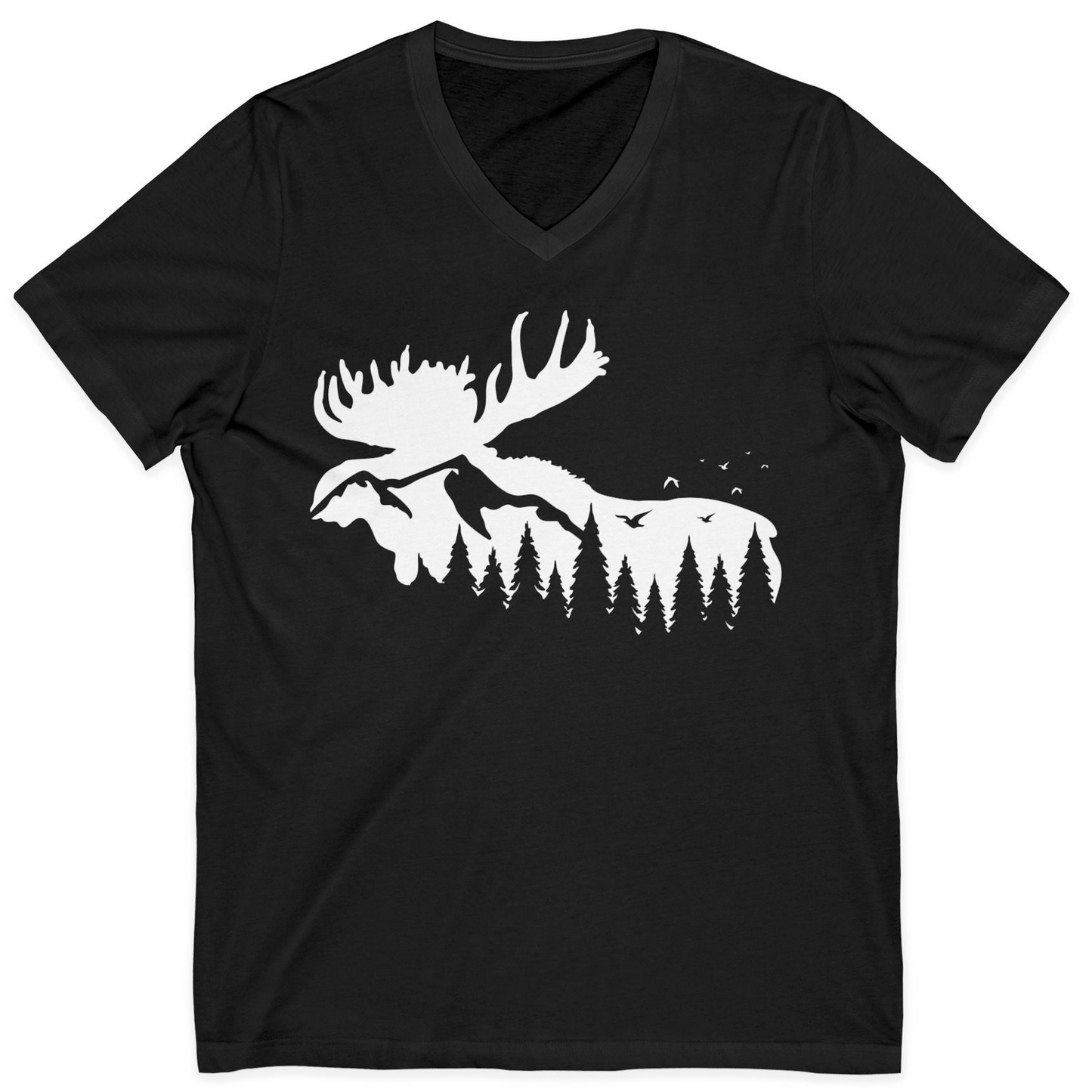 Moose Silhouette Forest Scene Shirt V-Neck Shirt – Black – Alaska Cruise Shirts