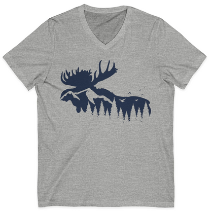 Moose Silhouette Forest Scene Shirt V-Neck Shirt – Athletic Heather – Alaska Cruise Shirts