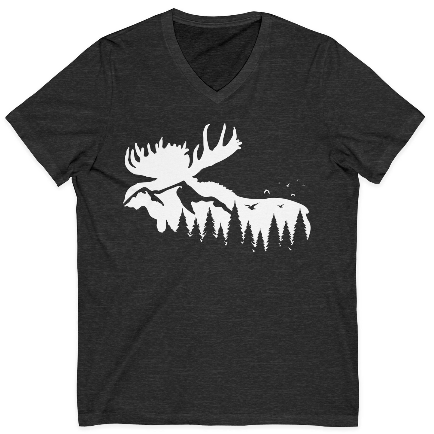 Moose Silhouette Forest Scene Shirt V-Neck Shirt – Dark Grey Heather – Alaska Cruise Shirts