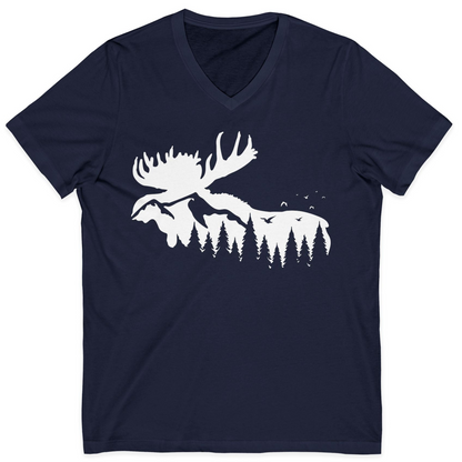 Moose Silhouette Forest Scene Shirt V-Neck Shirt – Navy – Alaska Cruise Shirts